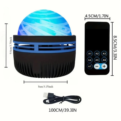 DFShop LED projection night light with remote control and USB charging cable showing size dimensions