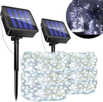 DFShop outdoor solar fairy lights with dual solar panels and bright white LED string lights for garden decoration