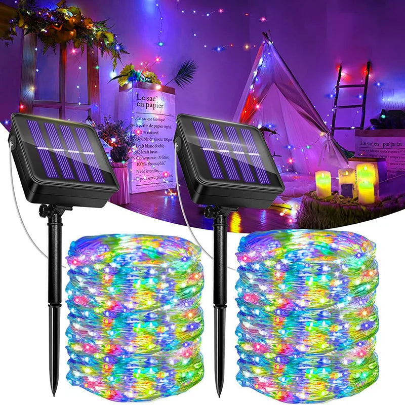 DFShop outdoor solar fairy lights with colorful LED bulbs and dual solar panels for garden decoration