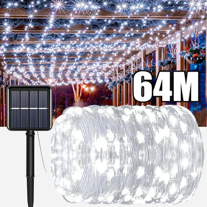 64 meter solar fairy string lights outdoor with bright white LEDs and solar panel for garden decoration