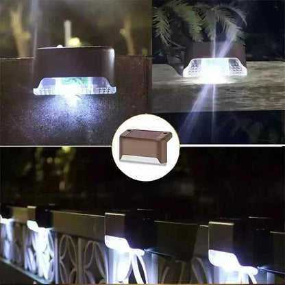 DFShop cordless solar wall lights mounted on fences with bright white LED illumination at night