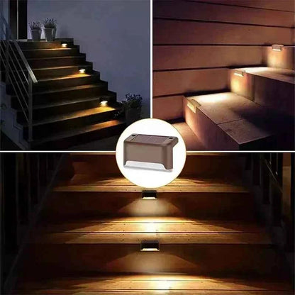 DFShop cordless solar wall lights illuminating outdoor stairs with warm glow at night